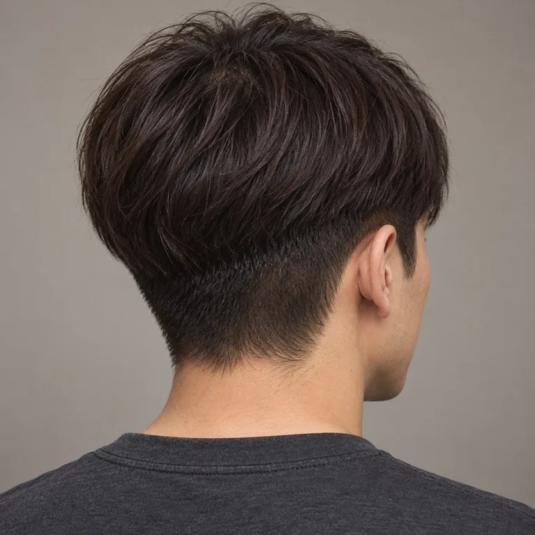 Rear view of a two block haircut showing a longer rounded upper section above a short lower panel