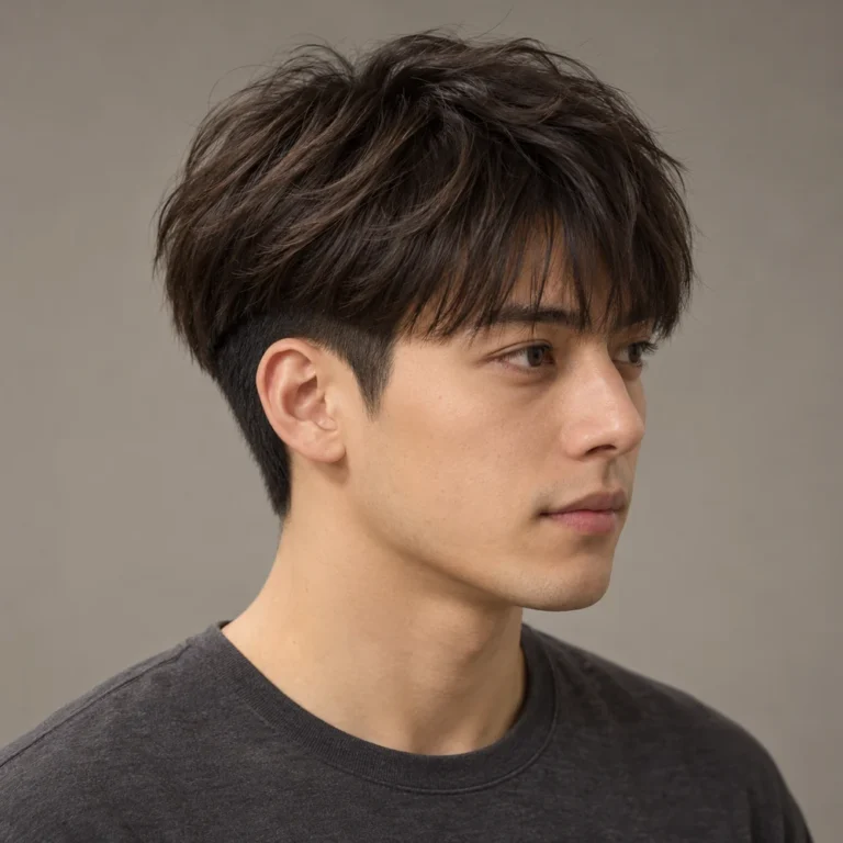 Two block haircut with a textured forward fringe and a short dark lower side