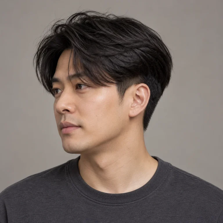 Side-parted black upper hair over the short lower section of a two block haircut