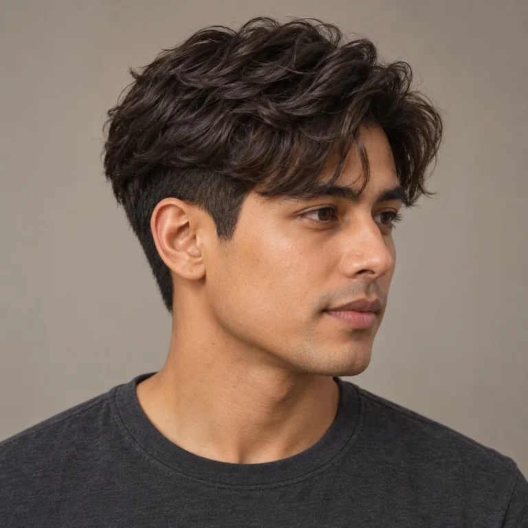 Wavy two block haircut with longer moving upper hair over a short dark side