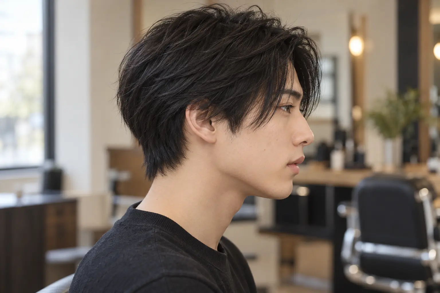 Warrior cut on straight black hair, side view