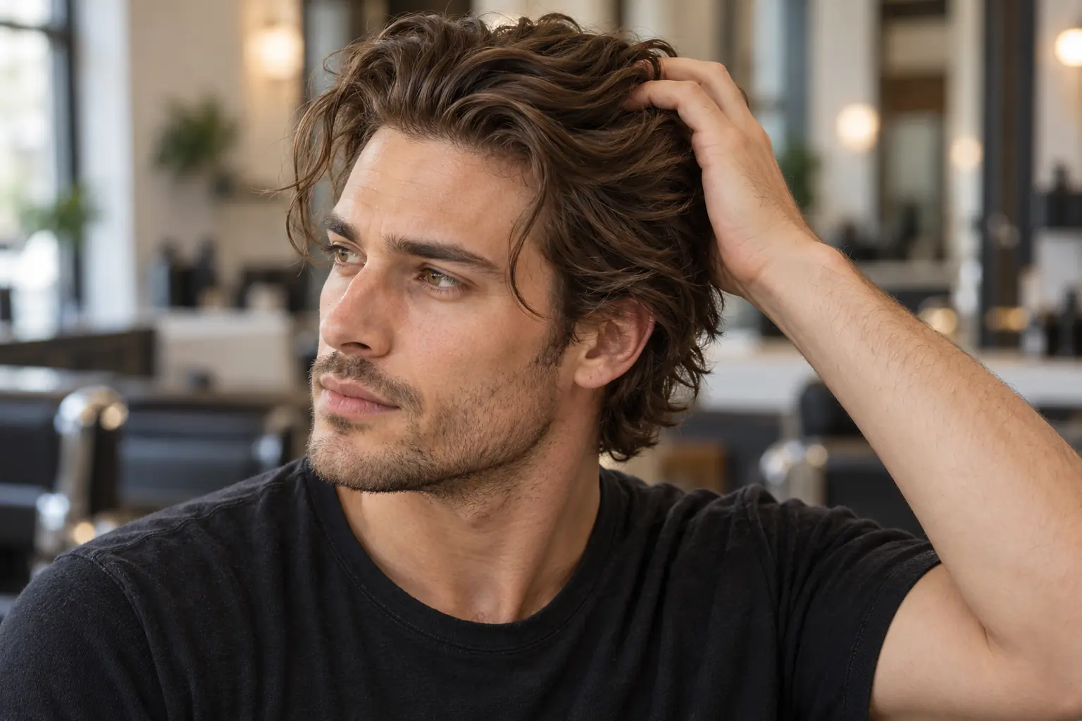 Wavy warrior cut swept back with loose strands at the temples