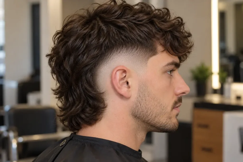 Side view of a wavy burst fade mullet with connected crown layers and a compact retained nape