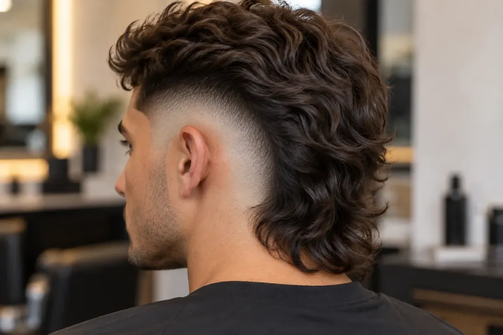 Rear three-quarter view of a wavy mullet with a longer center-back outline and localized burst around the ear