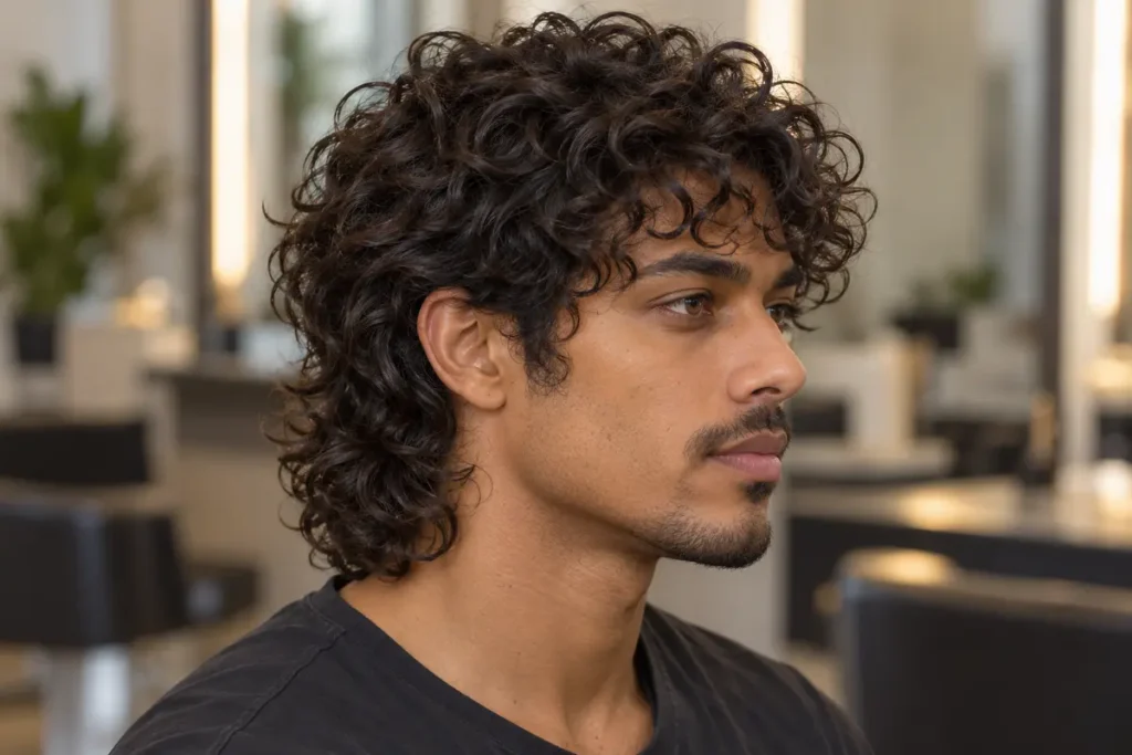 Curly wolf cut on a man with a curly forehead fringe, shaped crown and longer curly nape
