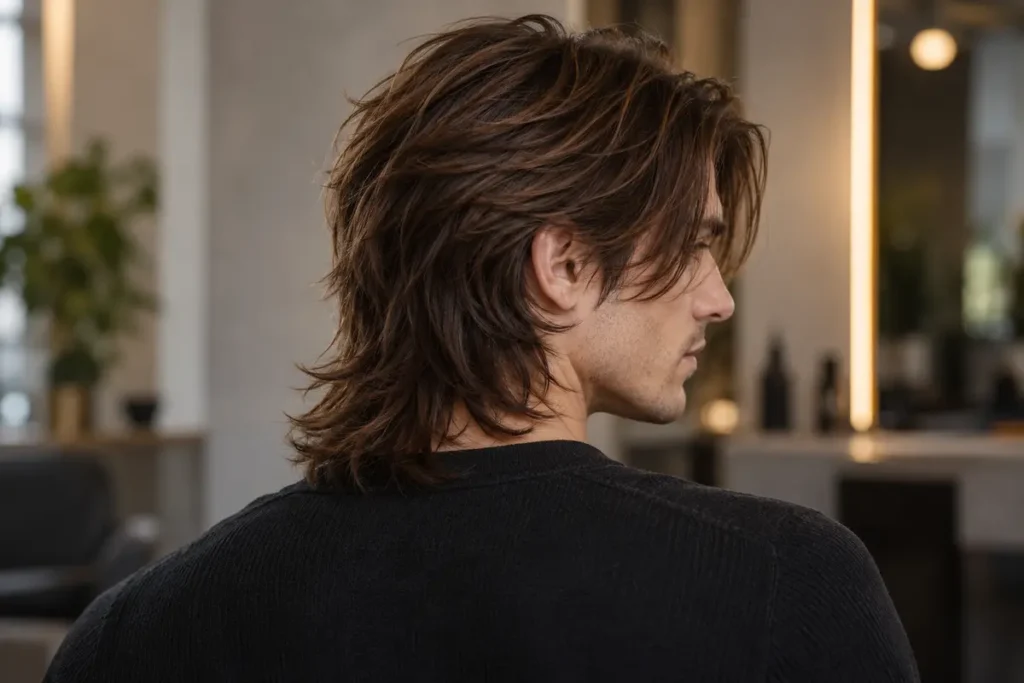 Rear three-quarter view of a man with layered brown wolf cut and longer feathered back
