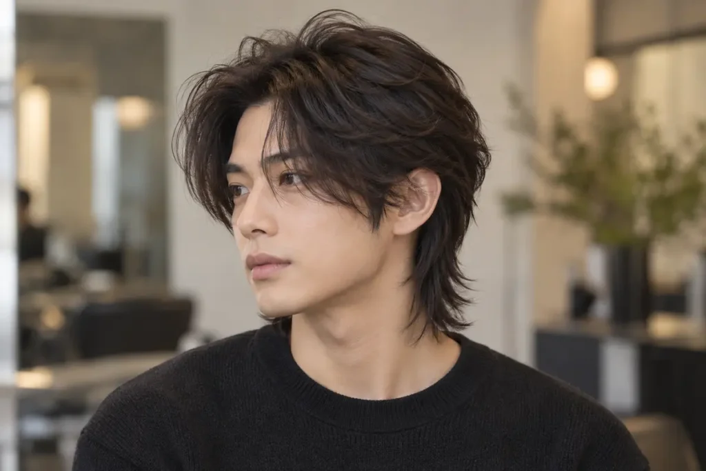 Medium wolf cut on a man with parted curtain fringe, layered sides and retained nape length