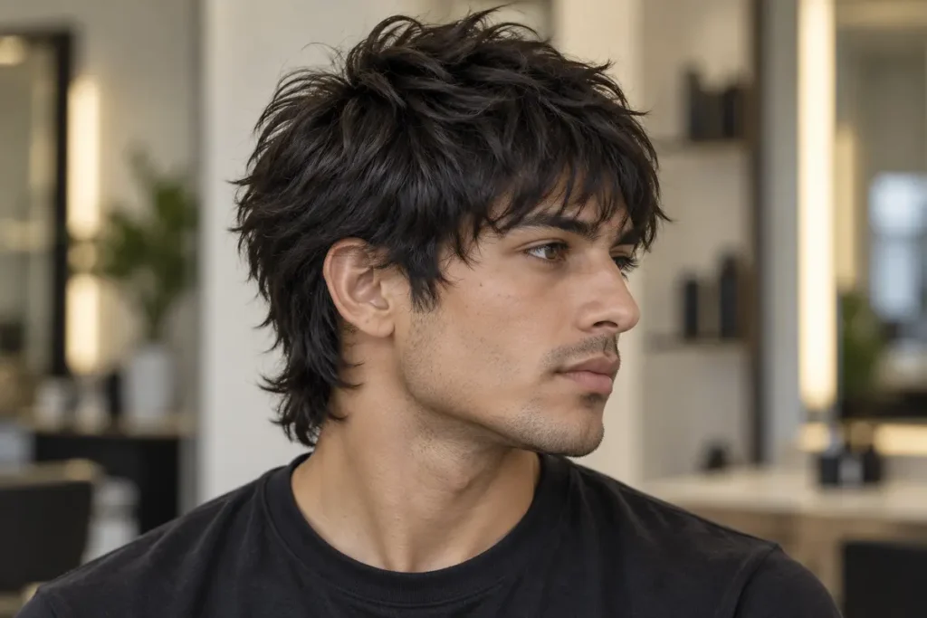 Short wolf cut for men with choppy crown layers, textured fringe and a feathered nape
