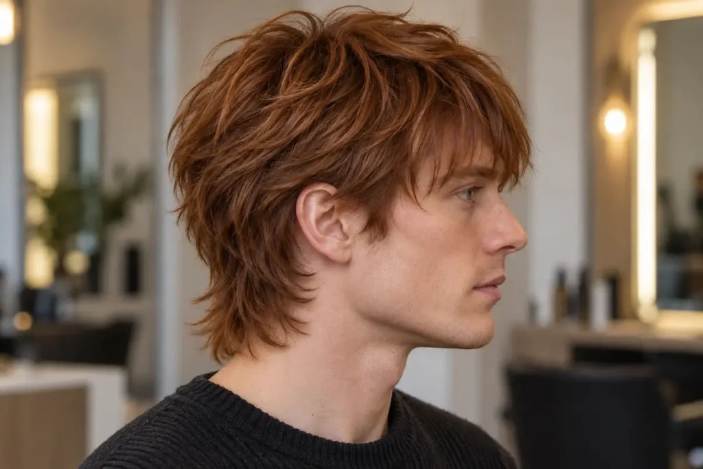 Side profile of a man with auburn layered wolf cut, forehead fringe and wispy nape