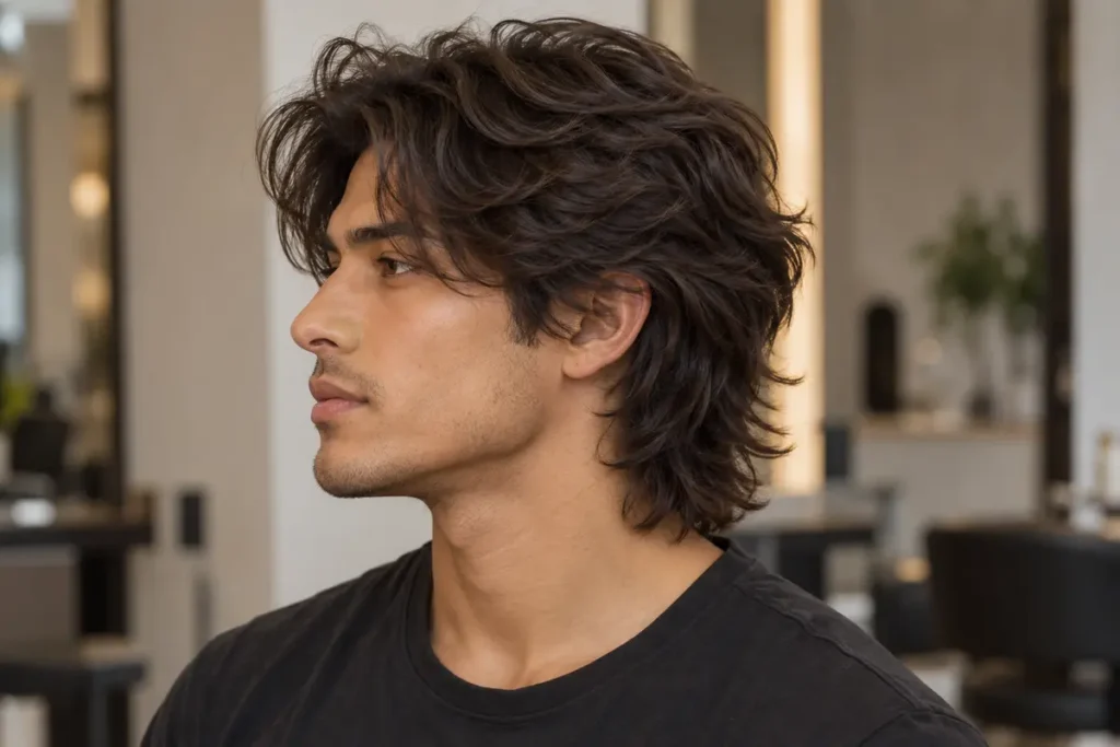 Side view of a man with a wavy wolf cut, shorter crown layers and longer textured nape